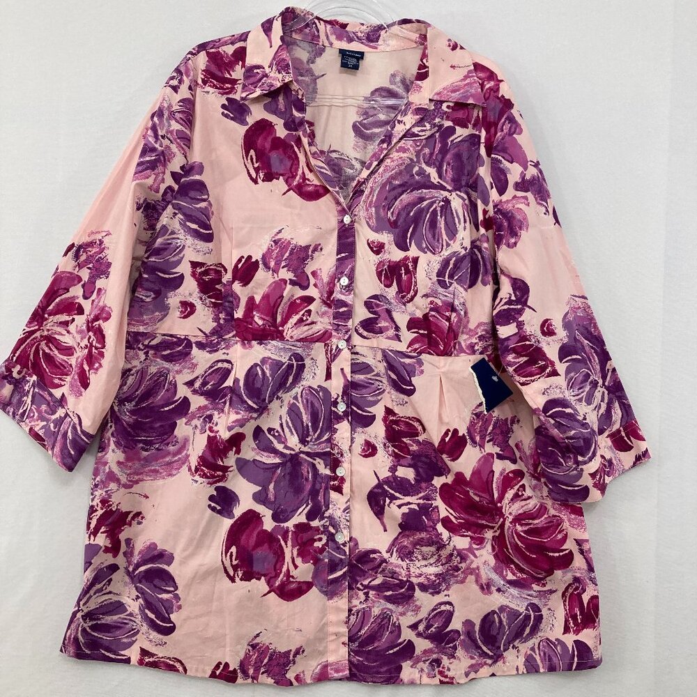 Basic Editions size‎ 3X Pink Purple Floral 3/4 Sleeve Baby Doll Button Up Preppy